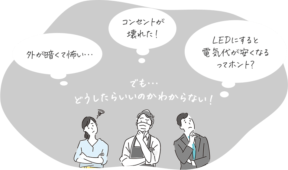 外が暗くて怖い…古くなった分電盤やブレーカーを交換したい。コンセントが壊れた！LEDにすると電気代が安くなるってホント？でも…どうしたらいいのかわからない！