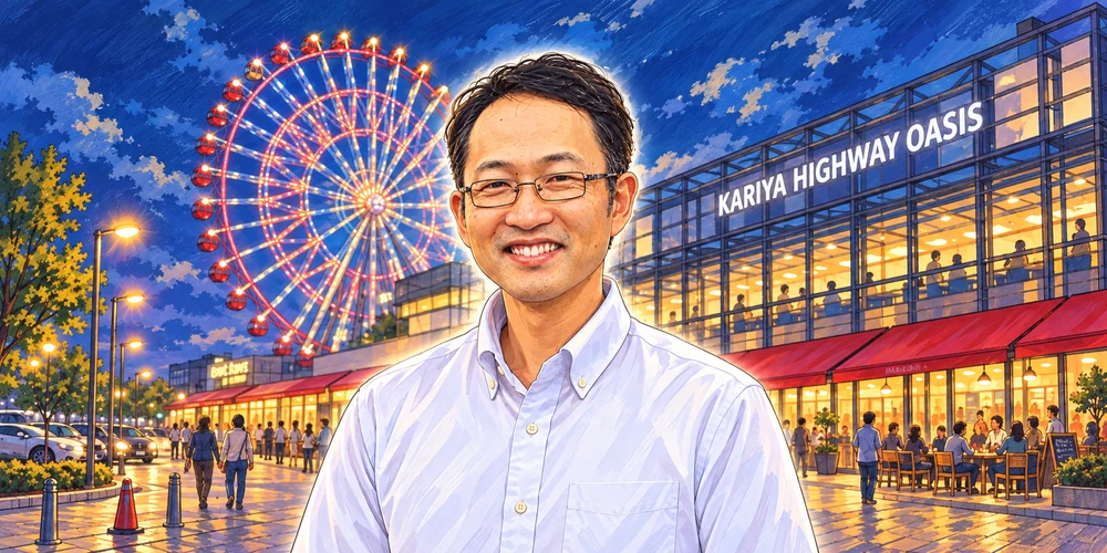 刈谷ハイウェイオアシスの夜景を背景にした美和伝創合同会社の代表イラスト