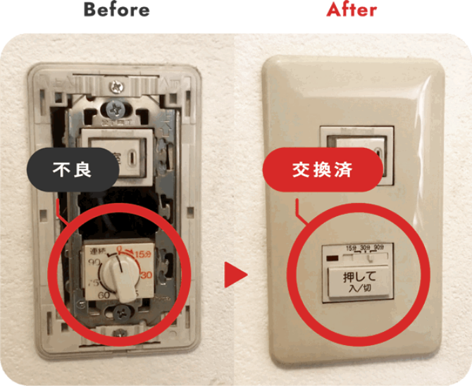 古くて故障した換気扇用のタイマースイッチを取替える工事