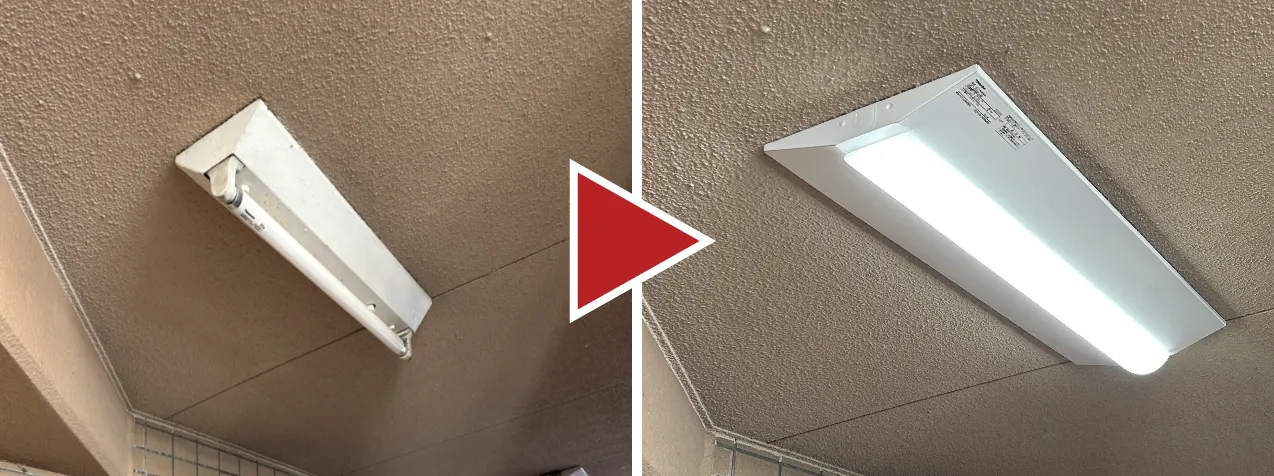 マンション共用廊下の交換後のLED照明。隅々まで均一に明るくなり、見通しが良く安全な空間になった。