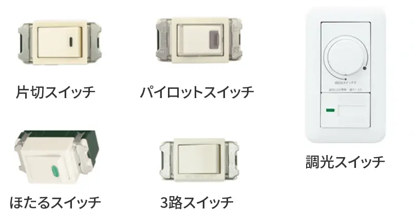 片切スイッチ、パイロットスイッチ、ほたるスイッチ、3路スイッチ。調光スイッチの写真
